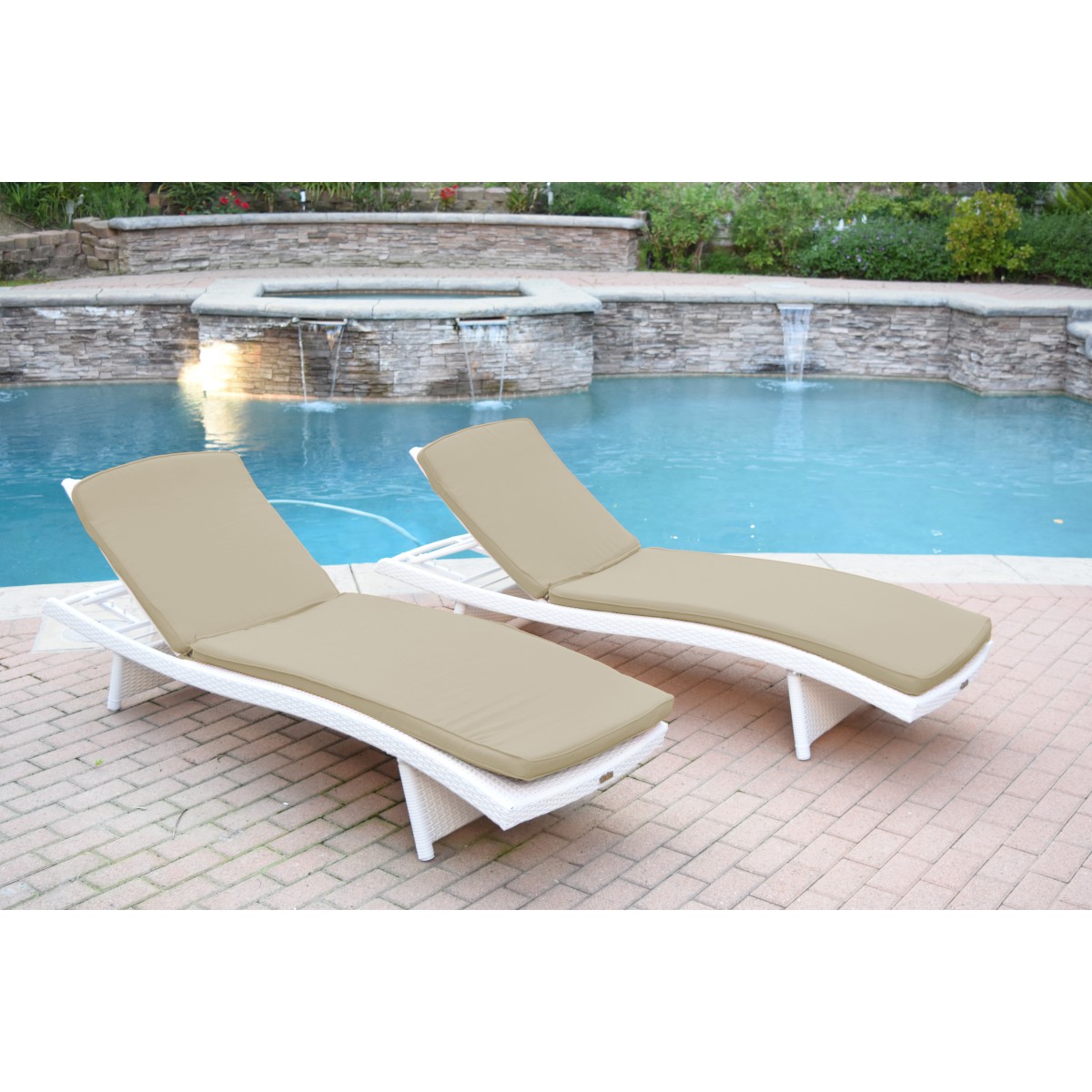 White Wicker Adjustable Chaise Lounger with Tan Cushion - Set of 2