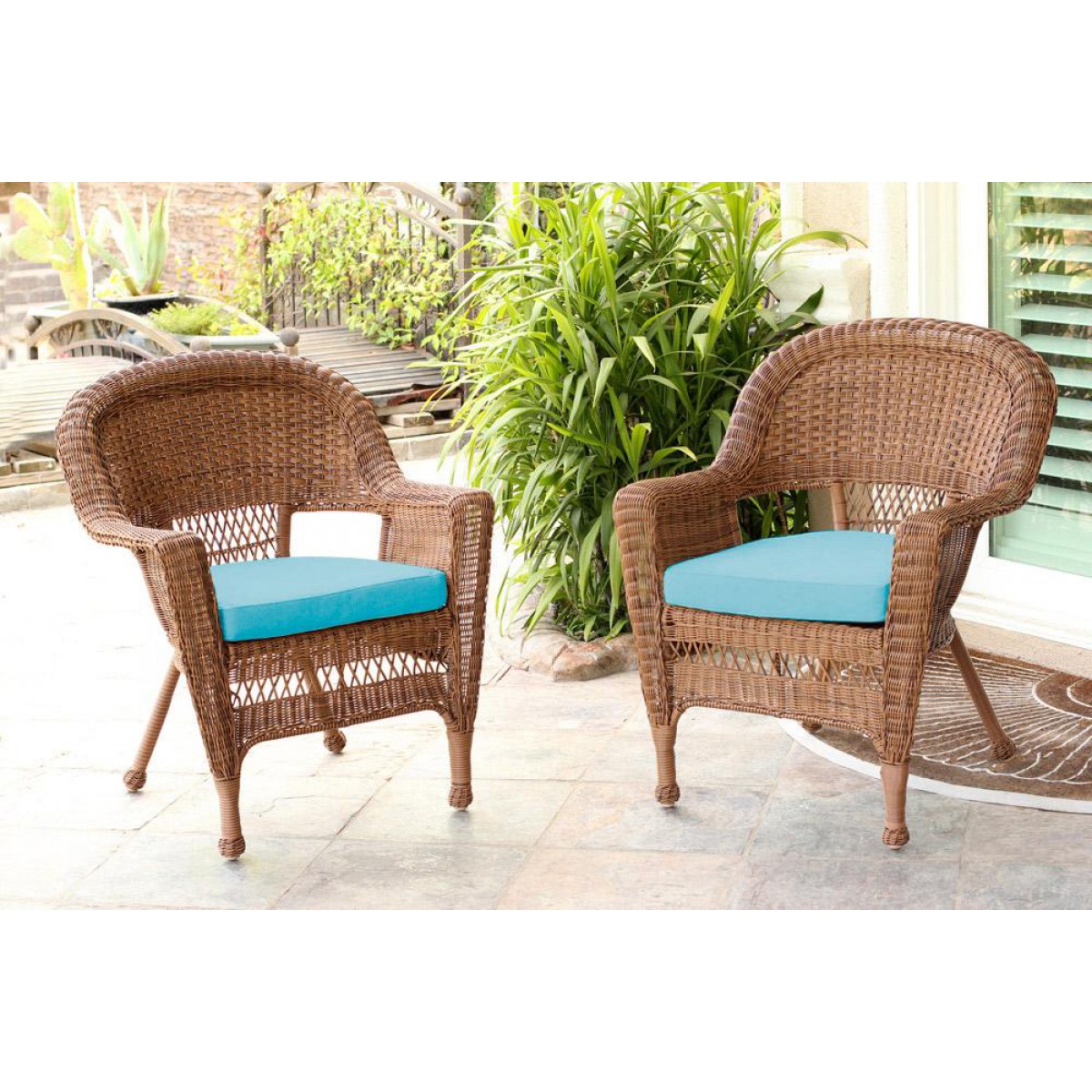 Honey Wicker Chair With Sky Blue Cushion - Set of 2